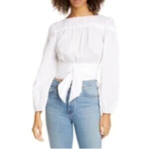 MERLETTE Smocked Blouson Sleeve Cotton Tie Waist Top In White One Size